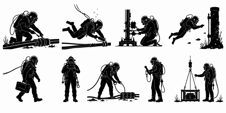 Scuba divers performing various underwater operations with equipment in deep sea