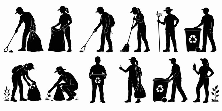 People collecting garbage in various poses outdoors with trash bags and tools