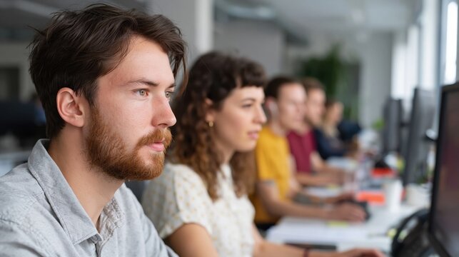 Young office employees focused on their computer screens in a modern workspace