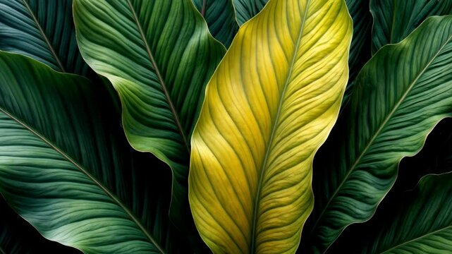 Large green and yellow tropical plant leaves displaying detailed vein structures