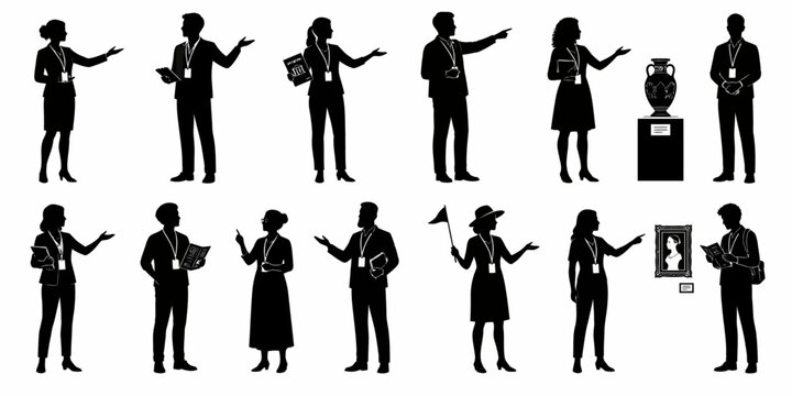 People are standing and gesturing in various poses with different objects