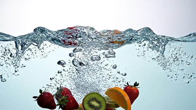 Assorted Fresh Fruits Splashing into Clear Water in Slow Motion