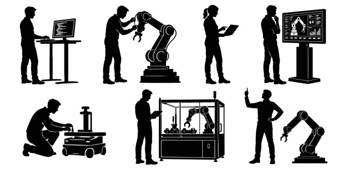Workers operate industrial robots in a factory setting with screens