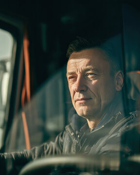 A mature man sits behind the wheel of a vehicle, gazing thoughtfully out the window in natural light.