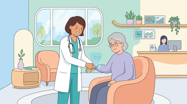 Doctor discusses medical results with elderly patient in clinic reception area waiting room healthcare hospital treatment diagnosis reception consultation examination medical professiona