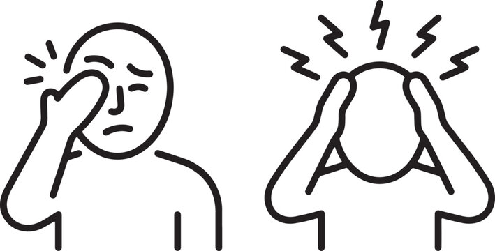 Web, Man suffering from severe toothache and migraine headache pressure symptoms outline icons.