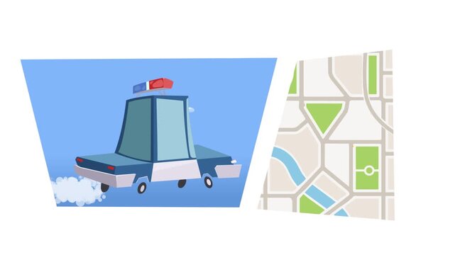 Animated stylized police car driving loop. Flat design funny cartoon patrol vehicle with flashing siren lights and exhaust smoke. Loopable motion graphics for mobile games and kids video.