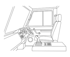 Fototapeta premium Truck cabin interior vector blueprint showing driver seat steering wheel and dash.