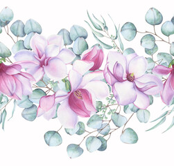 Fototapeta premium Seamless watercolor border with pink magnolia flowers and eucalyptus leaves. Elegant floral horizontal pattern for wedding design and stationery 