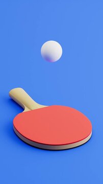 Table Tennis Ball Bouncing on Racket on Blue Background with Copy Space, Vertical Portrait Format, Seamless Loop 3D Animation