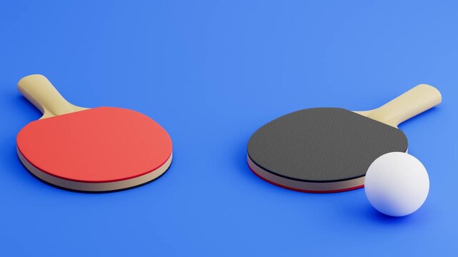 Table Tennis Ball Rolling Left to Right and Right to Left, on Blue Background with Rackets and Copy Space, 3D Animation