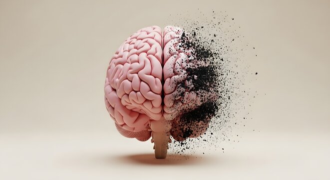 A human brain slowly disintegrating into dark particles on a light neutral background