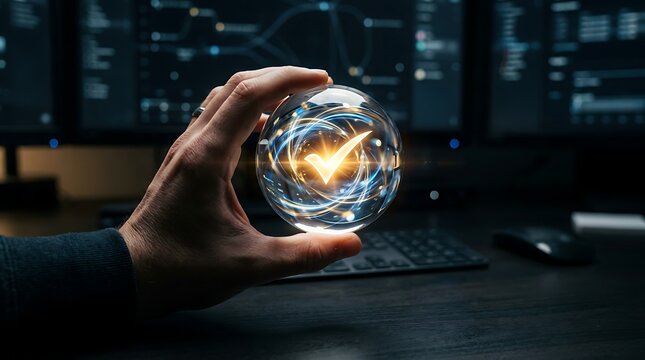 Close-up of a hand holding a glowing orb with a checkmark at a computer workstation crystal ball checkmark computer technology workstation business analysis verification approval