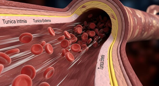 A magnified cross section view of a human blood vessel showing red blood cells flowing through