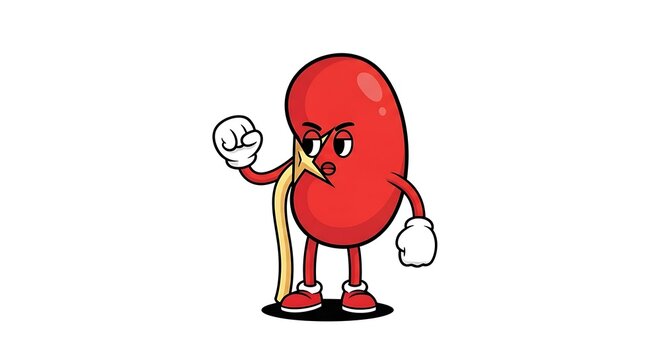 Cartoon kidney character with angry expression.