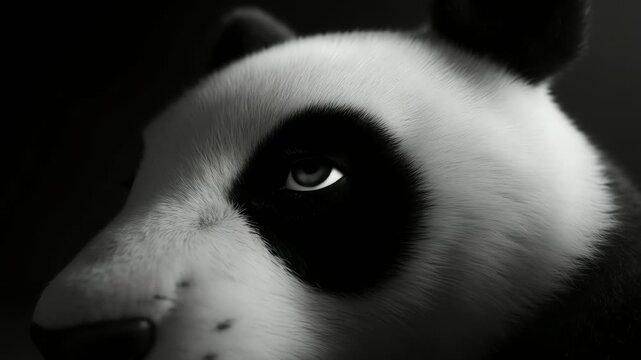 Close-up of a realistic panda face, soft fur texture, dark background, intense eye gaze