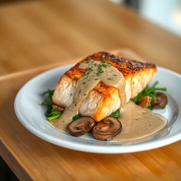 Gourmet seared salmon fillet served with creamy mushroom sauce and sauted greens on a white plate over a wooden table background