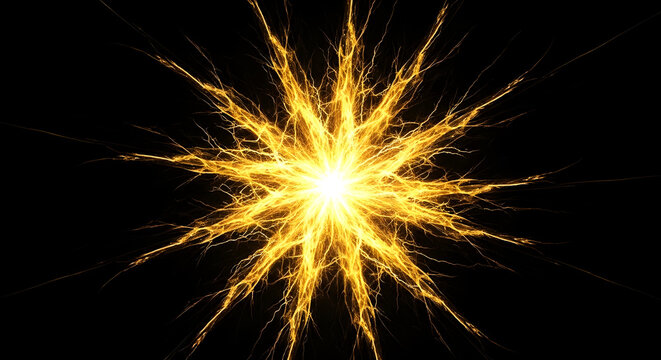 Powerful bright electric spark light explosion with radiating energy lines on black background.