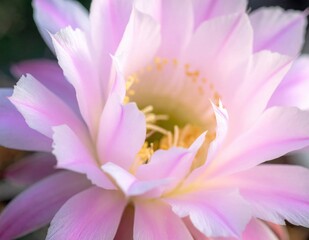 Fototapeta premium Macro closeup of vibrant pink cactus flower with delicate translucent petals and yellow stamens, desert flora bloom for botanical photography