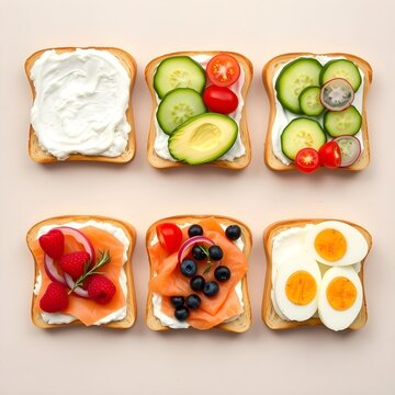 Assorted gourmet toasts with cream cheese topped with fresh vegetables, smoked salmon, berries, and hardboiled eggs arranged on a light background