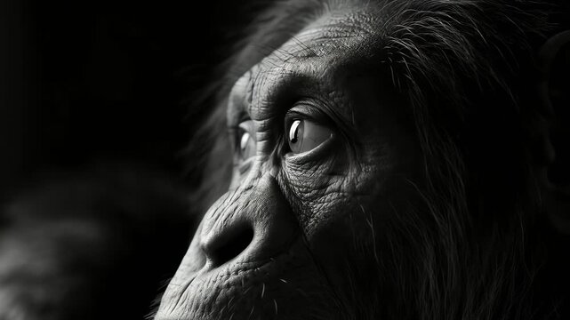 Close-up Black and White Portrait of an Ape Face with Intense Eyes
