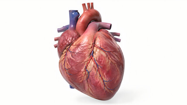 Realistic 3D human heart, enlarged left ventricle and left atrium, mild chamber dilation, preserved anatomy, subtle LV wall thinning