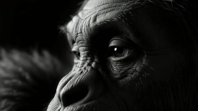 Close-up Black and White Portrait of a Chimpanzee's Face