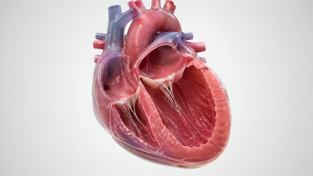 Realistic 3D human heart, enlarged left ventricle and left atrium, mild chamber dilation, preserved anatomy, subtle LV wall thinning