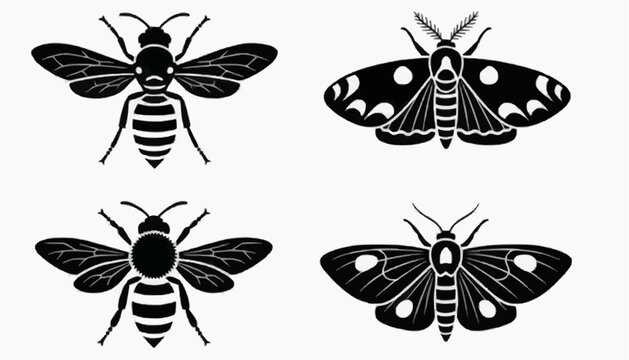  Bee and Moth Insects Black Silhouette Vector Illustration Set