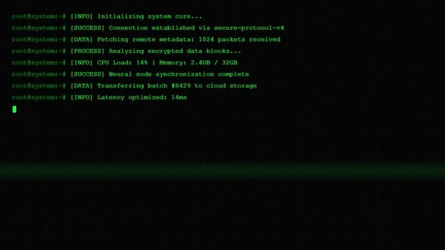 Futuristic Root System Command Line Interface with Green Terminal Text Scrolling and Cybersecurity Data Processing System Logs Interface.