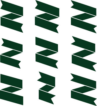 A precise grid of nine dark green Z folded ribbon banners featuring sharp angles on a crisp white background