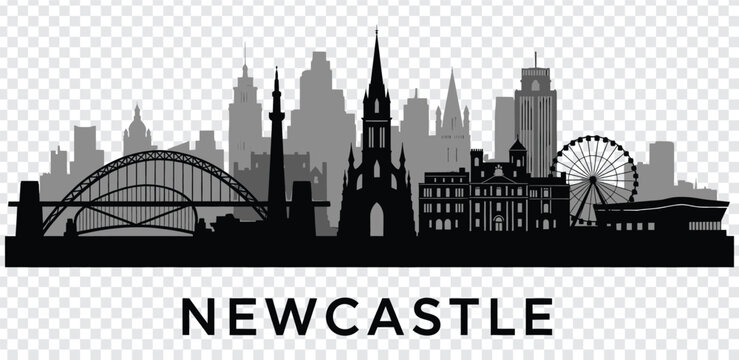 Newcastle city skyline silhouette with famous landmarks and bridge