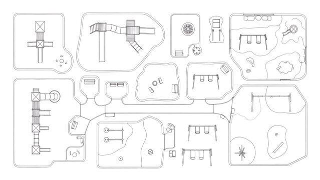 Playground and park activity layout top view, recreational zones with paths, play equipment and landscape features in plan style
