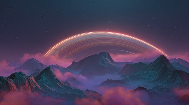 Cute alien planet scene, tiny mountains and rings, glowing atmosphere, whimsical cosmic environment, 3D illustration. 