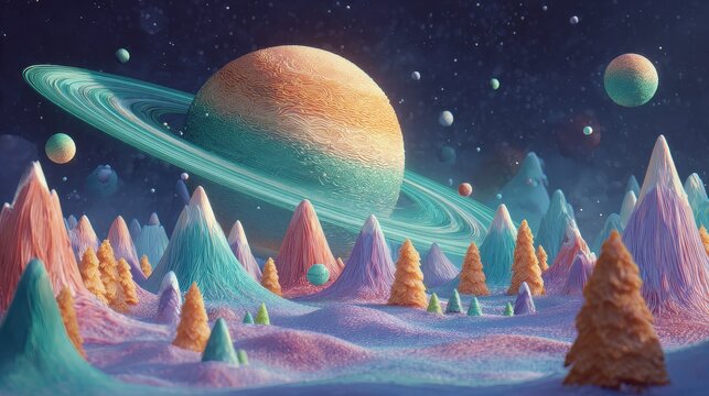 Cute alien planet scene, tiny mountains and rings, glowing atmosphere, whimsical cosmic environment, 3D illustration. 
