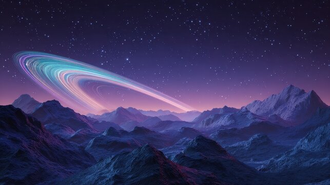 Cute alien planet scene, tiny mountains and rings, glowing atmosphere, whimsical cosmic environment, 3D illustration. 