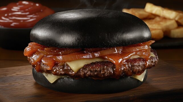 Gourmet Black Burger with Caramelized Onions Cheese and Steam CloseUp.