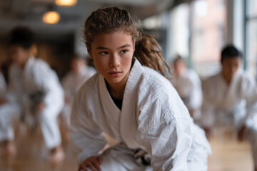 Fototapeta premium A focused young girl in a karate uniform demonstrates her commitment and discipline during a martial arts training session among peers, highlighting her determination.