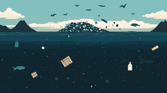 Pixelated artwork depicts ocean pollution with a floating trash island, fish, birds, and silhouettes