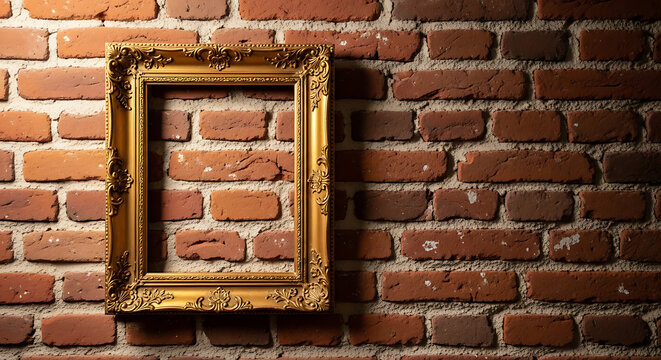 A decorative golden picture frame hangs on a rustic brick wall, ready for a masterpiece