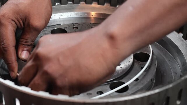 A detailed, static close-up shot of a technician's hands carefully installing or seating a piston seal into a heavy-duty industrial metal component.