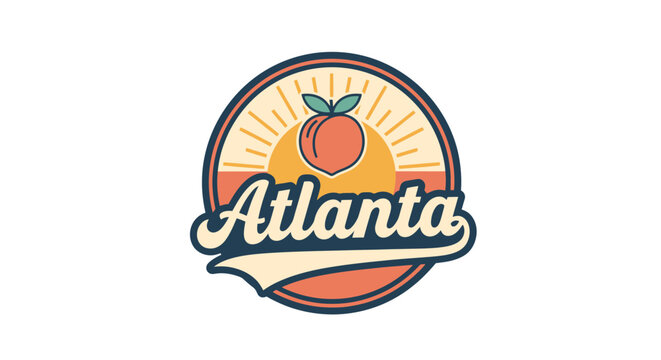 Vintage Atlanta city emblem featuring a juicy peach and radiant sun, a retro illustration perfect for travel, local events, or regional branding