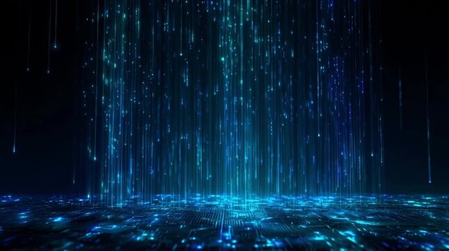 Futuristic digital data waterfall with glowing blue particles falling on circuit board floor (AI Generated)