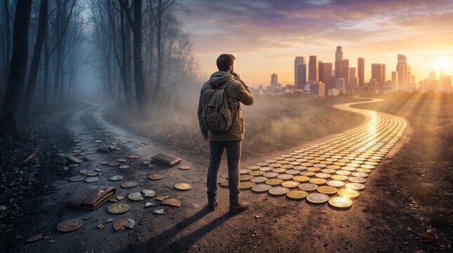 A person at a crossroads, choosing between a dark, uncertain forest path and a bright, coin-paved road to a city, symbolizing life and financial decisions