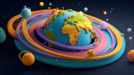 Naklejka premium Earth centered universe, stylized continents, orbiting rings and moons, bright colors, child-friendly theme, 3D illustration