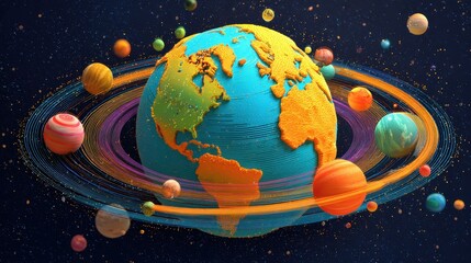 Fototapeta premium Earth centered universe, stylized continents, orbiting rings and moons, bright colors, child-friendly theme, 3D illustration