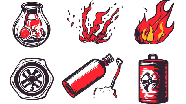 Collection of stylized, vector illustrations; various fiery objects, lab equipment, and a hazardous symbol