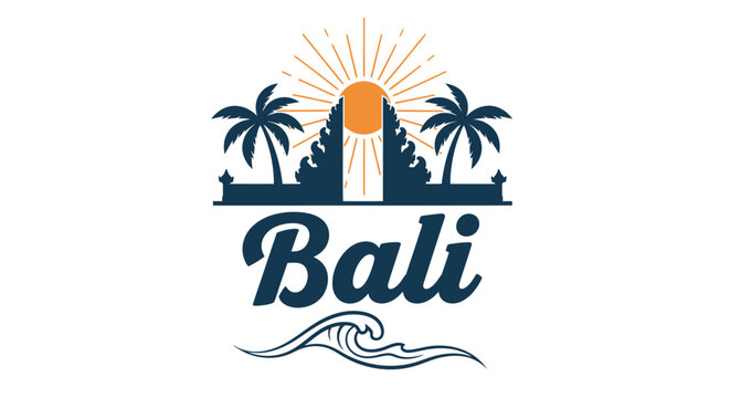 Stylized Bali island destination vector emblem with ancient temple entrance, bright sun, tropical palms, and sea waves