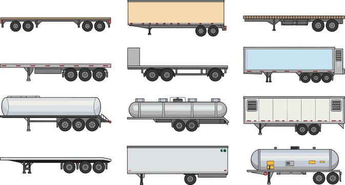 Collection of assorted trailer types set, cargo transport logistics vehicles and tanker designs, isolated vector freight illustration bundle