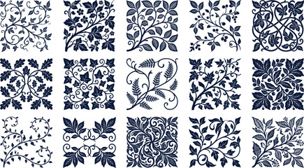 Collection of floral ornament patterns set, vintage botanical decorative designs and leaf motifs, isolated vector bundle © Vexora Studio